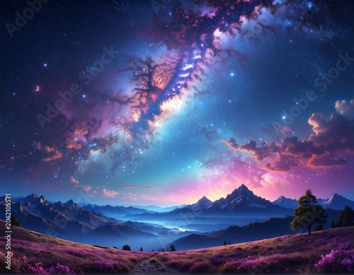 A serene mountain landscape at dusk with a starry night sky