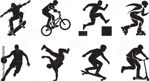 Obraz na plátně Extreme sports and urban lifestyle black silhouette icons set featuring skateboa