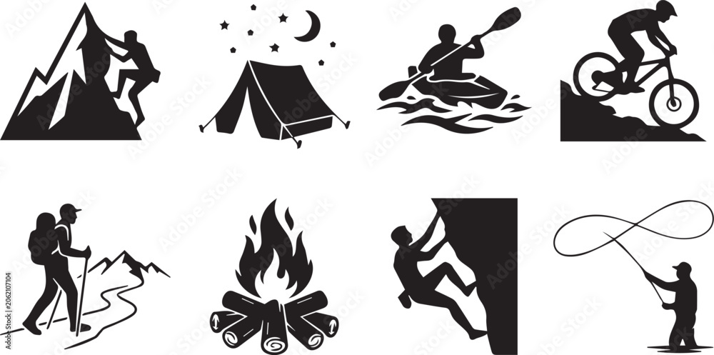 Fototapeta premium Outdoor adventure and extreme sports black silhouette icons set featuring mountaineering camping kayaking mountain biking hiking campfire and fishing