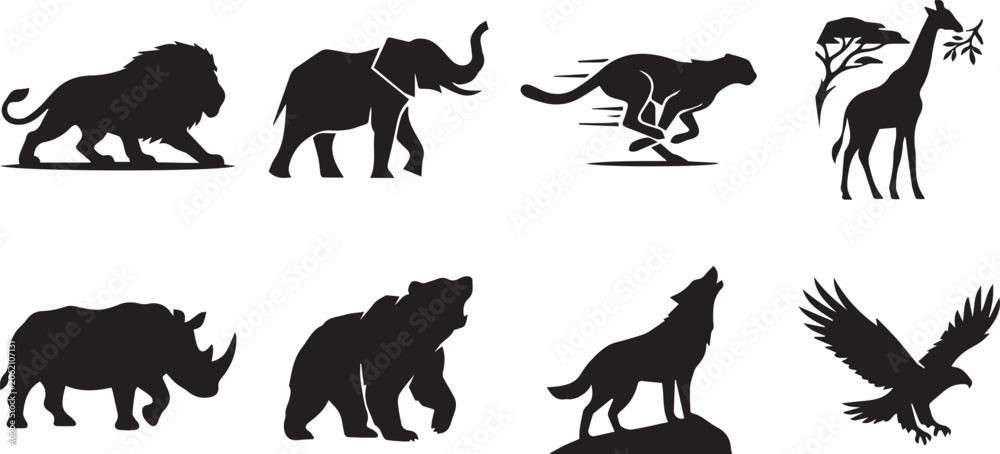 Obraz premium Wild animals and safari wildlife black silhouette icons set featuring lion elephant cheetah giraffe rhinoceros bear wolf and eagle
