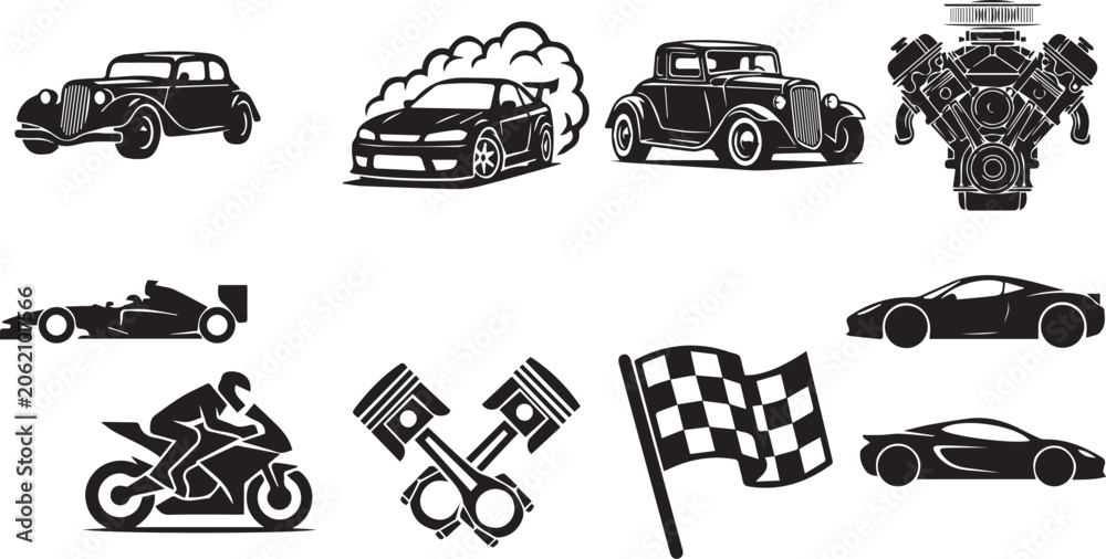 Naklejka premium Automotive and racing icon set featuring classic cars sports car drifting formula racer motorcycle engine parts and checkered flag