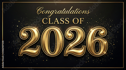 Celebratory graphic design celebrating the graduating class of 2026 with sparkling gold text and festive elements on a dark