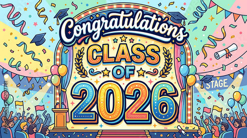 Celebratory graphic illustrating congratulations to the graduating class of 2026 with vibrant colors and festive elements