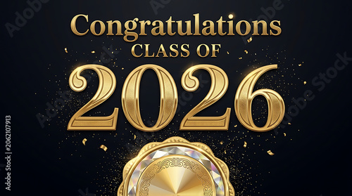 Celebratory gold text announcing graduation class of 2026 with sparkling effects and elegant design for milestones or achievements