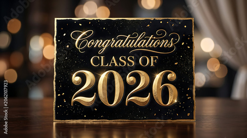 Elegant graduation announcement card celebrating the accomplishment of the class of 2026 with shimmering gold accents and