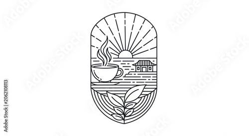 Minimalist Line Art of Coffee Cup and Tea Plantation Landscape.