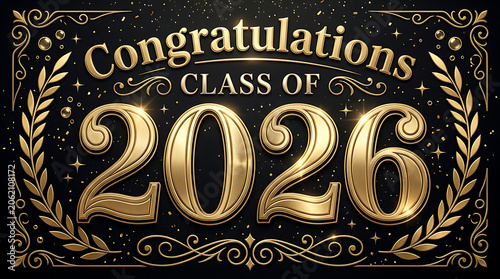 Celebratory 2026 Graduation Completion with Gold Text and Decorative Elements on a Dark Background