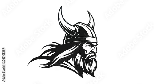 Картината върху платно Powerful Viking Warrior Head with Horned Helmet and Beard.