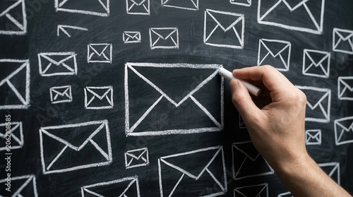 Close up of a hand drawing white e-mail envelope icons on a chalkboard for communication concept.