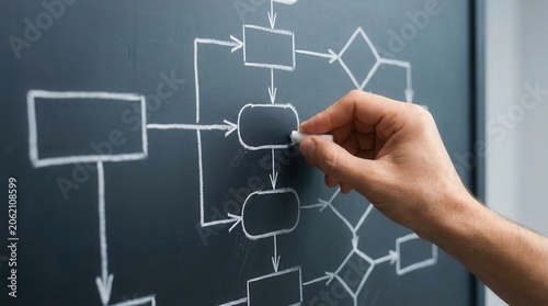 Strategic planning and workflow management with a hand drawing diagrams on a chalkboard.