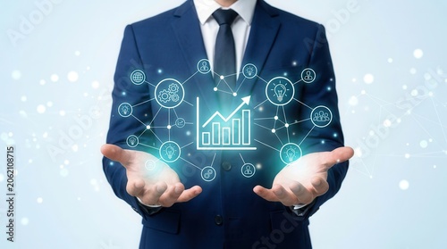 Visualizing business growth strategy and management using a network structure and diverse business icons.