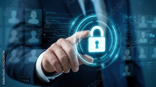 A businessman's hand touching a glowing padlock icon to represent data protection and internet security.