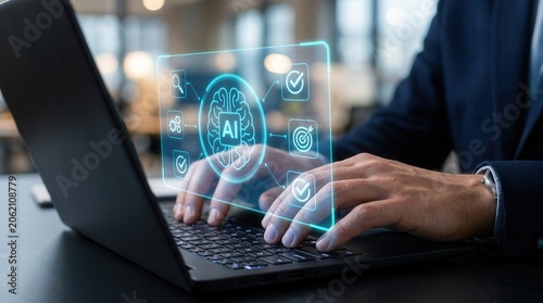 Businessman interacting with digital AI interface for business automation and prediction.