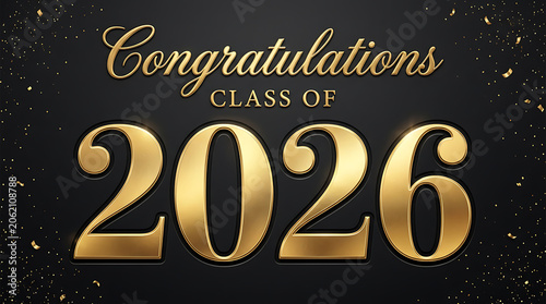 Celebratory graphic design marking the achievement of the 2026 graduating class with elegant golden text and festive black
