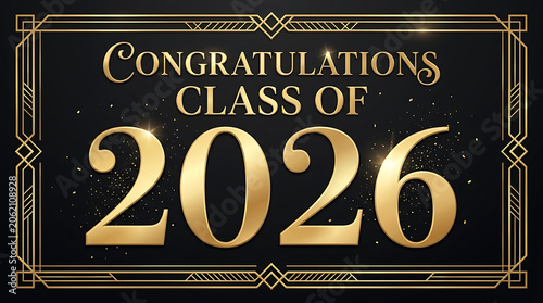Elegant 2026 graduation announcement with gold text and art deco design for celebrating academic achievement
