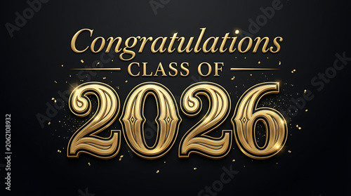 Elegant celebration graphic for graduation of the class of 2026 with shimmering gold numbers and festive design on dark