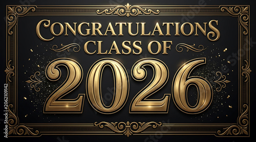 Elegant celebration graphic celebrating the class of 2026 with gold accents and festive design elements suitable for graduation