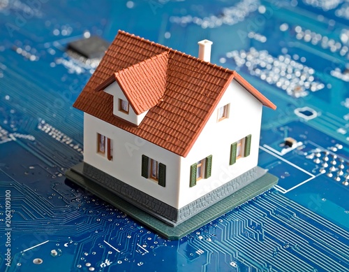 A small white house with an orange roof on a circuit board