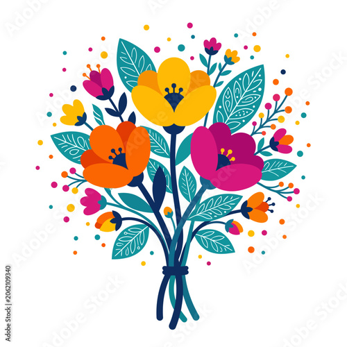 Vibrant floral bouquet with colorful spring blossoms and leaves