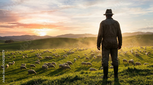 Rear view of a farmer standing on a hill looking at a large flock of sheep grazing on green rolling hills pasture under a dramatic warm sunrise sky representing agriculture farming lifestyle