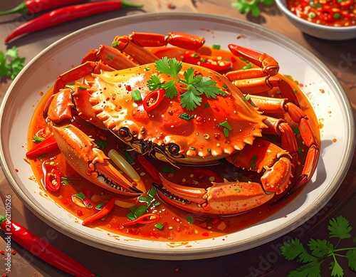 A steaming plate of crab smothered in a spicy red sauce and garnished with fresh green herbs