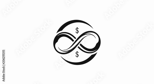Black and white infinity symbol with dollar signs inside a circular frame representing endless wealth.