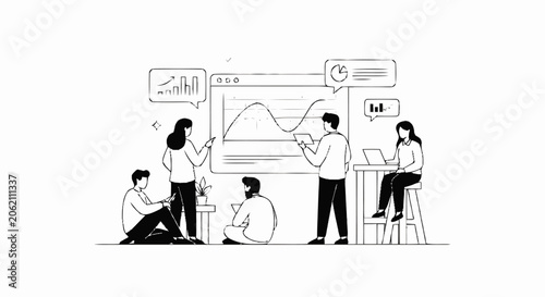 Black and white line art illustration of a business team analyzing data charts during a meeting.