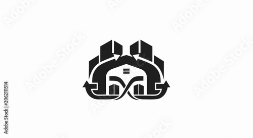 Black and white real estate logo featuring a house with arrows and skyscrapers representing growth and relocation.