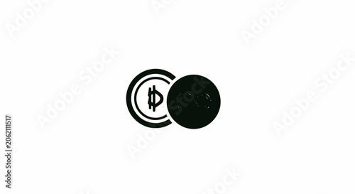Black and white minimalist icon representing two overlapping coins for financial and currency concepts.