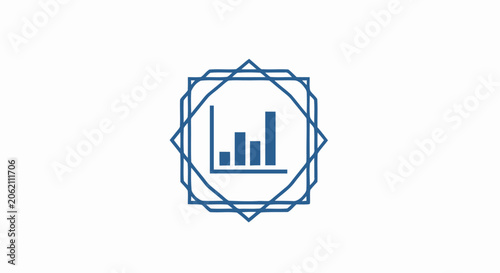 Blue bar chart icon inside a geometric frame representing business growth and data analysis.