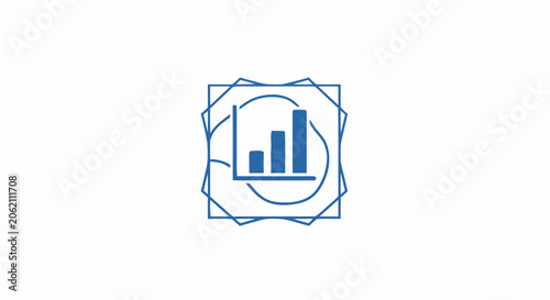 Blue bar chart icon representing business growth and data analytics inside a geometric frame.