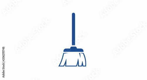 Blue broom icon representing cleaning services and household chores on a white background.