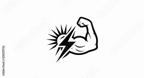 Black and white vector icon of a flexing bicep muscle arm with a lightning bolt and sunburst.