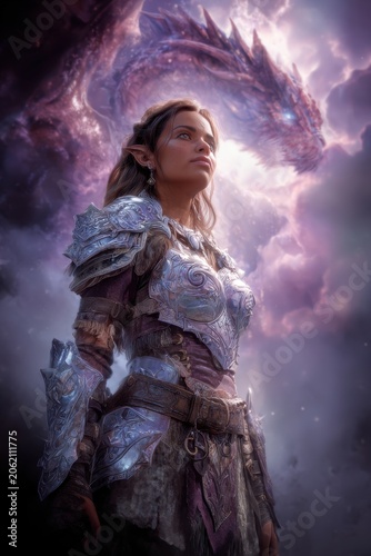 Fantasy wallpaper. A fantasythemed digital artwork depicts a female warrior in a contemplative pose. She wears ornate silver armor with intricate designs and a purple tunic. Her hair is slicked back.