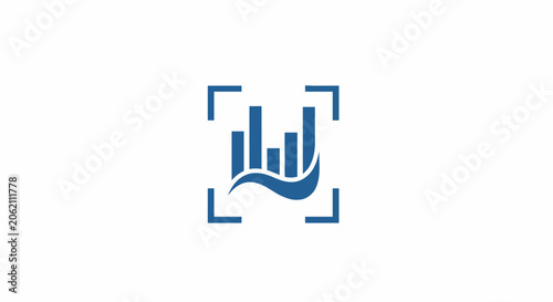 Blue business bar chart logo icon representing financial growth and data analysis in a square frame.