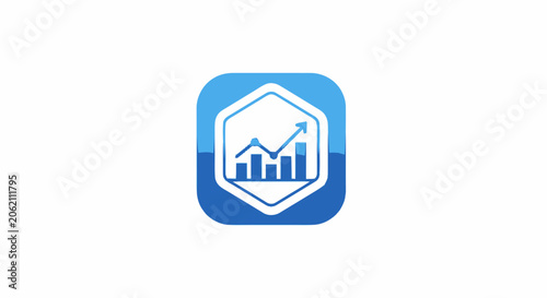 Blue business growth and financial analytics application icon featuring a bar chart and upward trend line.