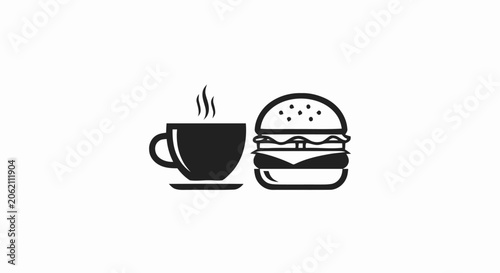 Black and white vector icon of a hot coffee cup and a hamburger.