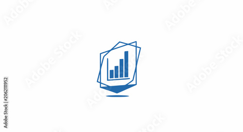 Blue business growth bar chart logo icon inside geometric frame on white background.