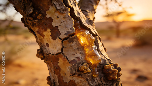 commiphora. Close-up of cracked bark on a desert tree, golden amber resin droplets oozing from fissures. gardening catalogs, home-decor guides, designed for home decor and floral branding.commiphora,r