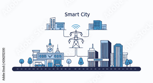 Blue line art illustration of a smart city concept showing connected buildings and energy grid.