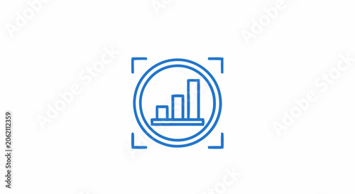 Blue line icon of a bar chart inside a circle with target corners representing data analysis and business growth.