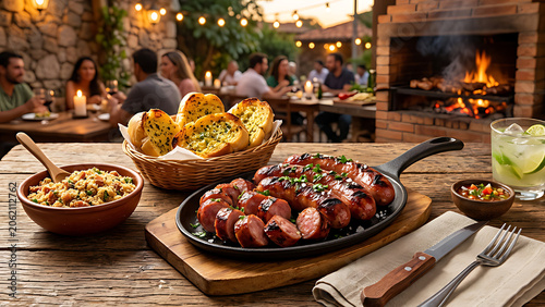 Brazilian linguiça sausage grilled to perfection with pão de alho and farofa on rustic wooden table, warm churrasco atmosphere, premium restaurant food styling, commercial image quality.