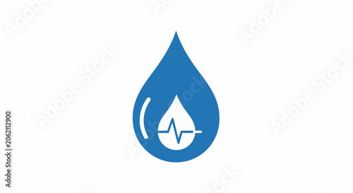 Blue water drop icon with heartbeat pulse line inside representing health and hydration concepts.