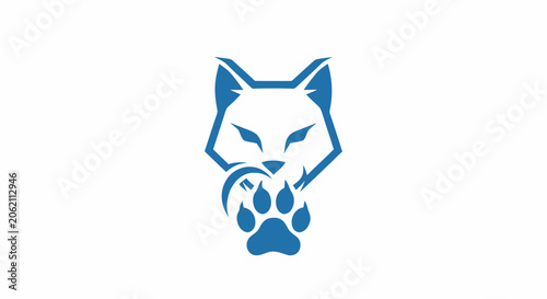 Blue wolf head logo with animal paw print vector illustration on white background.