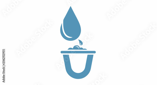 Blue water droplet falling into a plumbing pipe trap icon isolated on white background.