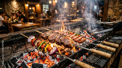 Traditional Brazilian skewers with picanha, linguiça and vegetables grilling over open flame, glowing charcoal and smoke, rustic churrasco atmosphere, premium restaurant advertising concept.
