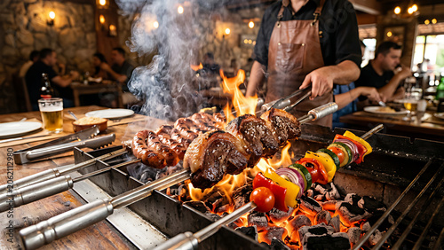 Traditional Brazilian skewers with picanha, linguiça and vegetables grilling over open flame, glowing charcoal and smoke, rustic churrasco atmosphere, premium restaurant advertising concept.