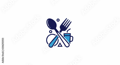 Blue restaurant icon with crossed spoon and fork plate and cup vector illustration.