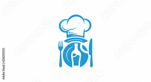 Blue restaurant logo icon featuring a chef hat plate bottle fork and knife.