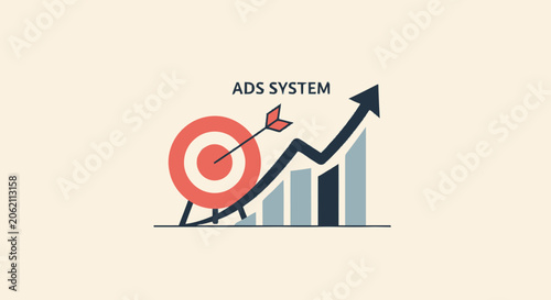 Business advertising system graphic showing target with arrow and rising growth chart representing marketing success.